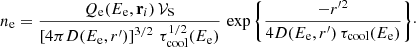 Mathematical equation: $$ \begin{aligned} n_{\rm e} = \frac{ Q_{\rm e}(E_{\rm e}, \mathbf r _i) \, \mathcal{V} _{\rm S}}{\left[4 \pi D(E_{\rm e},r^{\prime })\right]^{3/2} \, \tau _{\rm cool}^{1/2}(E_{\rm e})} \,\exp {\left\{ \frac{- r^{\prime 2}}{4 D(E_{\rm e},r^{\prime })\,\tau _{\rm cool}(E_{\rm e})}\right\} }\cdot \end{aligned} $$