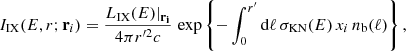 Mathematical equation: $$ \begin{aligned} {I}_{\rm IX}(E, r; \mathbf r _i) = \frac{L_{\rm IX}(E)\vert _\mathbf{r _i}}{4\pi r^{\prime 2} {c}} \, \exp \left\{ -\int _0^{r^{\prime }} \mathrm{d}\ell \, \sigma _{\rm KN}(E)\, x_i \, n_{\rm b}(\ell ) \right\} , \end{aligned} $$