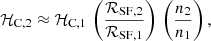 Mathematical equation: $$ \begin{aligned} \mathcal{H} _{\rm C, 2} \approx \mathcal{H} _{\rm C, 1} \,\left( \frac{\mathcal{R} _{\rm SF, 2}}{\mathcal{R} _{\rm SF, 1}} \right)\,\left( \frac{n_2}{n_1} \right), \end{aligned} $$