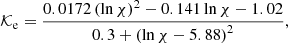 Mathematical equation: $$ \begin{aligned} \mathcal{K} _{\rm e} = \frac{0.0172 \left(\ln \chi \right)^2 - 0.141 \ln \chi - 1.02}{0.3 + \left( \ln \chi - 5.88 \right)^2}, \end{aligned} $$