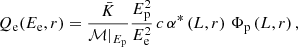 Mathematical equation: $$ \begin{aligned} Q_{\rm e}(E_{\rm e}, r) = \frac{\bar{K}}{\mathcal{M} \vert _{E_{\rm p}}} \frac{E_{\rm p}^2}{E_{\rm e}^2} \, {c} \, \alpha ^*\left(L, r\right) \, \Phi _{\rm p}\left(L, r\right) , \end{aligned} $$