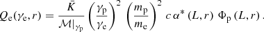 Mathematical equation: $$ \begin{aligned} Q_{\rm e}(\gamma _{\rm e}, r) = \frac{\bar{K}}{\mathcal{M} \vert _{\gamma _{\rm p}}} \left(\frac{\gamma _{\rm p}}{\gamma _{\rm e}}\right)^2 \, \left(\frac{m_{\rm p}}{m_{\rm e}}\right)^2 \, {c} \, \alpha ^*\left(L, r\right) \, \Phi _{\rm p}\left(L, r\right) . \end{aligned} $$