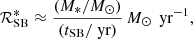 Mathematical equation: $$ \begin{aligned} \mathcal{R} ^{*}_{\rm SB} \approx \frac{(M_{*}/M_{\odot })}{(t_{\rm SB}/\text{ yr})}\,M_{\odot }\,\text{ yr}^{-1}, \end{aligned} $$