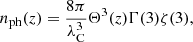 Mathematical equation: $$ \begin{aligned} n_{\rm ph}(z) = \frac{8\pi }{\lambda _{\rm C}^3} \Theta ^3(z) \Gamma (3) \zeta (3), \end{aligned} $$
