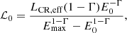 Mathematical equation: $$ \begin{aligned} \mathcal{L} _0 = \frac{L_{\rm CR, eff}(1-\Gamma )E_0^{-\Gamma }}{E_{\rm max}^{1-\Gamma } - E_0^{1-\Gamma }} , \end{aligned} $$
