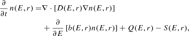 Mathematical equation: $$ \begin{aligned} \frac{\partial }{\partial t} \, n(E, r) =&\nabla \cdot \left[D(E, r)\nabla n(E, r) \right] \nonumber \\&+ \frac{\partial }{\partial E} \left[b(E, r) n(E, r)\right] + Q(E, r) - S(E, r), \end{aligned} $$