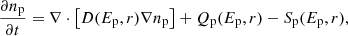 Mathematical equation: $$ \begin{aligned} \frac{\partial n_{\rm p}}{\partial t} = \nabla \cdot \left[D(E_{\rm p}, r)\nabla n_{\rm p} \right] + Q_{\rm p}(E_{\rm p}, r) - S_{\rm p}(E_{\rm p}, r), \end{aligned} $$