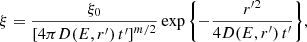 Mathematical equation: $$ \begin{aligned} \xi = \frac{\xi _0}{\left[4 \pi D(E,r^{\prime })\,t^{\prime }\right]^{m/2}}\exp {\left\{ -\frac{r^{\prime 2}}{4 D(E,r^{\prime })\,t^{\prime }}\right\} }, \end{aligned} $$