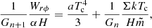 Mathematical equation: $$ \begin{aligned} \frac{1}{G_{n+1}}\frac{W_{r\phi }}{\alpha H}=\frac{aT_{\rm c}^4}{3}+\frac{1}{G_n}\frac{\Sigma k T_{\rm c}}{H {\tilde{m}}}, \end{aligned} $$