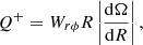 Mathematical equation: $$ \begin{aligned} Q^+ = W_{r\phi } R \left|\frac{\mathrm{d}\Omega }{\mathrm{d}R}\right|, \end{aligned} $$
