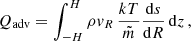 Mathematical equation: $$ \begin{aligned} Q_{\rm adv}=\int _{-H}^{H} \rho v_{R}\,\frac{kT}{{\tilde{m}}} \frac{\mathrm{d}s}{\mathrm{d}R}\,\mathrm{d}z\, , \end{aligned} $$