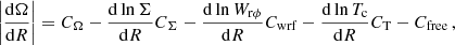 Mathematical equation: $$ \begin{aligned} \left|\frac{\mathrm{d}\Omega }{\mathrm{d}R}\right|=C_{\Omega } -\frac{\mathrm{d}\ln \Sigma }{\mathrm{d}R}C_{\Sigma } -\frac{\mathrm{d}\ln W_{\rm r\phi }}{\mathrm{d}R}C_{\rm wrf} -\frac{\mathrm{d}\ln T_{\rm c}}{\mathrm{d}R}C_{\rm T}-C_{\rm free}\, , \end{aligned} $$