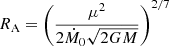 Mathematical equation: $$ \begin{aligned} R_{\rm A} = \left( \frac{\mu ^2}{2\dot{M}_{0}\sqrt{2GM}}\right)^{2/7} \end{aligned} $$