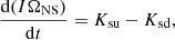 Mathematical equation: $$ \begin{aligned} \frac{\mathrm{d} ( I \Omega _{\rm NS})}{\mathrm{d} t}=K_{\rm su}-K_{\rm sd}, \end{aligned} $$