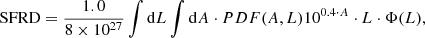 Mathematical equation: $$ \begin{aligned} \mathrm{SFRD}=\frac{1.0}{8\times 10^{27}}\int \mathrm{d}L \int \mathrm{d}A\cdot PDF(A,L) 10^{0.4\cdot A}\cdot L\cdot \Phi (L), \end{aligned} $$