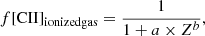 Mathematical equation: $$ \begin{aligned} f[\mathrm{CII}]_{\rm ionized gas} = \frac{1}{1+a\times Z^b}, \end{aligned} $$