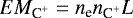 Mathematical equation: $EM_{\textrm{C}^{+}}=n_{\textrm{e}}n_{\textrm{C}^{+}}L$