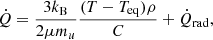 Mathematical equation: $$ \begin{aligned} \dot{Q} = \frac{3k_\mathrm{B} }{2\mu m_{u}} \frac{(T-T_\mathrm{eq} )\rho }{C} + \dot{Q}_\mathrm{rad} , \end{aligned} $$