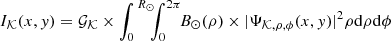 Mathematical equation: $$ \begin{aligned} I_{\mathcal{K} }(x,y) = \mathcal{G} _{\mathcal{K} } \times \int _{0}^{\,R_{\odot }}\! \! \! \int _{0}^{2\pi } \! \! B_{\odot }(\rho ) \times |\Psi _{\mathcal{K} , \rho ,\phi }(x,y)|^{2} \rho \mathrm{d}\rho \mathrm{d}\phi \end{aligned} $$