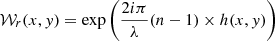 Mathematical equation: $$ \begin{aligned} \mathcal{W} _{r}(x,y) = \exp \left( \frac{2i\pi }{\lambda }(n-1) \times h(x,y) \right) \end{aligned} $$