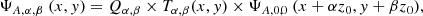 Mathematical equation: $$ \begin{aligned} \Psi _{A, \alpha ,\beta }\ (x,y) = Q_{\alpha , \beta } \times T_{\alpha ,\beta }(x,y) \times \Psi _{A,0,0}\ (x+\alpha z_{0},y+\beta z_{0}) ,\end{aligned} $$