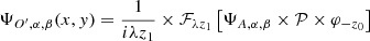 Mathematical equation: $$ \begin{aligned} {\Psi _{{O^\prime },\alpha ,\beta }}(x,y) = {\rm{ }}\frac{1}{{i\lambda {z_1}}} \times {{\cal F}_{\lambda {z_1}}}\left[ {{\Psi _{A,\alpha ,\beta }} \times {\cal P} \times {\varphi _{ - {z_0}}}} \right] \end{aligned} $$
