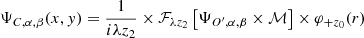 Mathematical equation: $$ \begin{aligned} {\Psi _{C,\alpha ,\beta }}(x,y) = {\rm{ }}\frac{1}{{i\lambda {z_2}}} \times {{\cal F}_{\lambda {z_2}}}\left[ {{\Psi _{{O^\prime },\alpha ,\beta }} \times {\cal M}} \right] \times {\varphi _{ + {z_0}}}(r) \end{aligned} $$