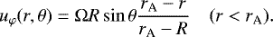 Mathematical equation: \begin{equation*}u_{\varphi}(r,\theta)=\Omega R \sin\theta \frac{r_{\textrm{A}}-r}{r_{\textrm{A}}-R} \ \ \ \ (r<r_{\textrm{A}}) .\end{equation*}