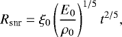 Mathematical equation: \begin{equation*} R_{\textrm{snr}} = \xi_0 \left(\frac{E_0}{\rho_0} \right)^{1/5} t^{2/5},\end{equation*}