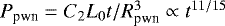 Mathematical equation: $P_{\textrm{pwn}} = C_2 L_0 t /R_{\textrm{pwn}}^3 \propto t^{11/15} $