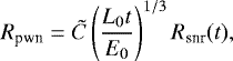 Mathematical equation: \begin{equation*} R_{\textrm{pwn}} = \tilde{C} \left(\frac{L_0 t}{E_0} \right)^{1/3} R_{\textrm{snr}}(t),\end{equation*}