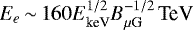 Mathematical equation: $E_e{\,\sim\,}160E_{\textrm{keV}}^{1/2}B_{\mu{\textrm{G}}}^{-1/2}\,\textrm{TeV}$