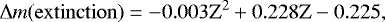 Mathematical equation: \begin{equation*}\Delta m(\rm extinction)= -0.003{Z}^2 + 0.228{Z} - 0.225, \vspace*{-2pt}\end{equation*}