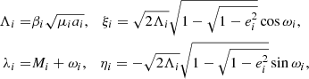 Mathematical equation: $$ \begin{aligned} \Lambda _i =&\beta _i \sqrt{\mu _i a_i},\quad \xi _i = \sqrt{2\Lambda _i} \sqrt{1-\sqrt{1-e_i^2}} \cos {\omega _i},\nonumber \\ \lambda _i =&M_i+\omega _i,\quad \eta _i = -\sqrt{2\Lambda _i} \sqrt{1-\sqrt{1-e_i^2}} \sin {\omega _i}, \end{aligned} $$