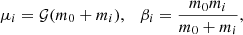 Mathematical equation: $$ \begin{aligned} \mu _i = \mathcal{G} (m_0 + m_i), \quad \beta _i =\frac{m_0m_i}{m_0+m_i}, \end{aligned} $$