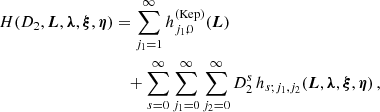 Mathematical equation: $$ \begin{aligned} H(D_2,\boldsymbol{L},{\boldsymbol{\lambda }},{\boldsymbol{\xi }},{\boldsymbol{\eta }})&= \sum _{j_1=1}^{\infty }h^{(\mathrm{Kep})}_{j_1,0}(\boldsymbol{L}) \nonumber \\&\quad + \sum _{s=0}^{\infty }\sum _{j_1=0}^{\infty }\sum _{j_2=0}^{\infty }D_2^s\, h_{s;j_1,j_2} (\boldsymbol{L},{\boldsymbol{\lambda }},{\boldsymbol{\xi }},{\boldsymbol{\eta }})\,, \end{aligned} $$