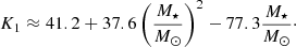 Mathematical equation: $$ \begin{aligned}&{K}_1 \approx 41.2 + 37.6\left( \frac{M_{\star }}{M_{\odot }}\right)^2-77.3 \frac{M_{\star }}{M_{\odot }}\cdot \end{aligned} $$