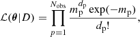 Mathematical equation: $$ \begin{aligned} \mathcal{L} (\boldsymbol{\theta }|D) = \prod _{p=1}^{N_{\rm obs}} \frac{m_{\rm p}^{d_{\rm p}} \exp (-m_{\rm p})}{d_{\rm p}!}{,} \end{aligned} $$