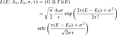 Mathematical equation: $$ \begin{aligned} L(E;A_0,E_0,\sigma ,\tau )&= (G \otimes T)(E) \nonumber \\&= \sqrt{\frac{\pi }{2}} \frac{A_{0} \sigma }{\tau } \exp \left( \frac{2 \tau (E-E_{0}) + \sigma ^2}{2 \tau ^2} \right) \nonumber \\&\mathrm{{erfc}} \left( \frac{\tau (E-E_{0}) + \sigma ^2}{\sqrt{2} \sigma \tau } \right) \end{aligned} $$