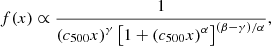 Mathematical equation: $$ \begin{aligned} f(x) \propto \frac{1}{\left( c_{500}x\right) ^{\gamma } \left[ 1+\left( c_{500}x\right) ^{\alpha }\right]^{(\beta -\gamma )/\alpha } }, \end{aligned} $$