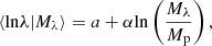 Mathematical equation: $$ \begin{aligned} \langle \mathrm{ln}\lambda |M_{\lambda }\rangle = a + \alpha \mathrm{ln}\left(\frac{M_{\lambda }}{M_{\rm p}}\right), \end{aligned} $$