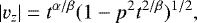 Mathematical equation: \begin{equation*} |v_z|= t^{\alpha/\beta}{(1-p^2t^{2/\beta})^{1/2}}, \end{equation*}