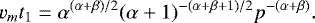 Mathematical equation: \begin{equation*} v_m t_1 = \alpha^{(\alpha+\beta)/2} (\alpha+1)^{-(\alpha+\beta+1)/2} p^{-(\alpha+\beta)}. \end{equation*}