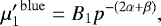 Mathematical equation: \begin{equation*} {\mu'_1}^{\mathrm{blue}}= B_1 p^{-(2\alpha+\beta)}, \end{equation*}