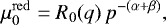 Mathematical equation: \begin{equation*} \mu_0^{\mathrm{red}} = R_0(q)\, p^{-(\alpha+\beta)}, \end{equation*}