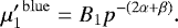 Mathematical equation: \begin{equation*} {\mu'_1}^{\mathrm{blue}} = B_1 p^{-(2\alpha+\beta)}. \end{equation*}