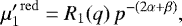 Mathematical equation: \begin{equation*} {\mu'_1}^{\mathrm{red}} = R_1(q)\,p^{-(2\alpha+\beta)}, \end{equation*}