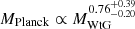 Mathematical equation: $ M_{\mathrm{Planck}}\propto M_{\mathrm{WtG}}^{0.76_{-0.20}^{+0.39}} $