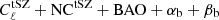 Mathematical equation: $ C_{\ell}^{\mathrm{tSZ}} + \mathrm{NC}^{\mathrm{tSZ}} + \mathrm{BAO} + \alpha_{\mathrm{b}} + \beta_{\mathrm{b}} $