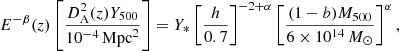Mathematical equation: $$ \begin{aligned} E^{-\beta } (z) \left[ \dfrac{D_{\rm A}^2 (z) Y_{500}}{10^{-4}\,\mathrm{Mpc}^2} \right] = Y_* \left[ \dfrac{h}{0.7}\right] ^{-2 + \alpha } \left[ \dfrac{(1-b) M_{500}}{6 \times 10^{14}\,M_{\odot }} \right] ^{\alpha }, \end{aligned} $$